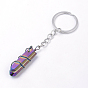 Rainbow Plated Natural Crystal Quartz Keychain, with Iron Findings, Nuggets