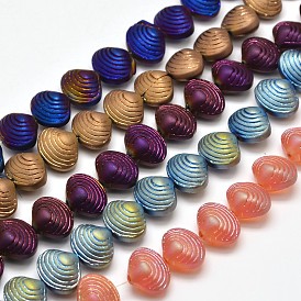 Frosted Electroplate Glass Shell Beads Strands, 12x14.5x10mm, Hole: 1mm, about 32pcs/strand, 16 inch