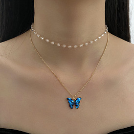 Colorful Butterfly Pendant Necklace with Crystal Double Layer Collarbone Chain