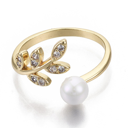 Brass Micro Pave Clear Cubic Zirconia Cuff Finger Rings, Open Rings, with ABS Plastic Imitation Pearl Beads, Nickel Free, Leaf