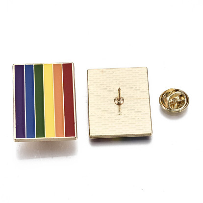 Alloy Brooches, Enamel Pin, with Brass Butterfly Clutches, Rainbow Rectangle, Light Gold