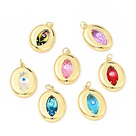 Rack Plating Brass Cubic Zirconia Pendants, with Enamel, Long-Lasting Plated, Lead Free & Cadmium Free & Nickel Freel, Real 18K Gold Plated, Oval with Evil Eye
