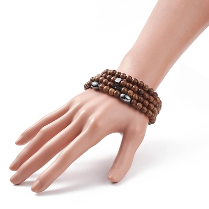 4 pcs 4 style bois naturel et turquoise synthétique (teint) et bracelets extensibles en hématite sertis de perles croisées, bijoux en pierres précieuses pour femmes