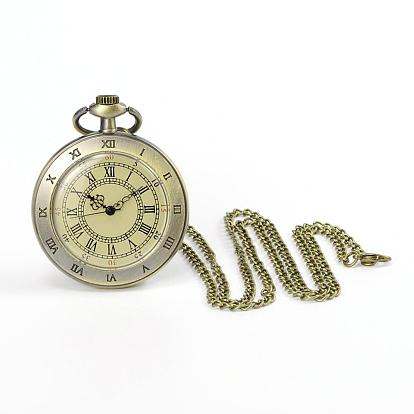 Плоские круглые сплава кварцевые карманные часы, железные цепочки и карабин-лобстеры , 31.4 дюйм, голова часов : 65x47x13 мм, лицо часов : 35 мм
