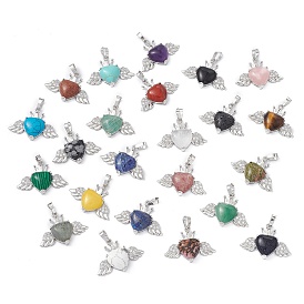 Gemstone Pendants, Heart Charms with Wings & Crown, with Platinum Tone Brass Crystal Rhinestone Findings