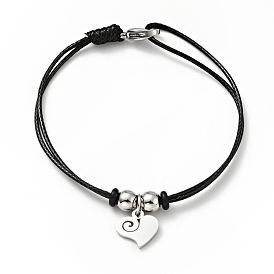 304 Stainless Steel Heart Charm Bracelet with Waxed Cord for Women