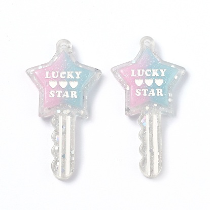 Two Tone Resin Big Pendants, Glitter Powder, Star Key with Word LUCKY & STAR & Heart Pattern