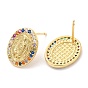 Rack Plating Brass Oval with Virgin Mary Stud Earrings with Colorful Cubic Zirconia, Lead Free & Cadmium Free