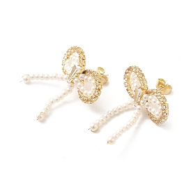 Bowknot Brass Micro Pave Cubic Zirconia Stud Earrings, with ABS Imitation Pearl