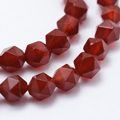 Natural Carnelian Beads Strands, Star Cut Round Beads, Dyed & Heated, Faceted