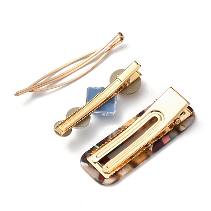 Iron Alligator Hair Clips Sets, with Cellulose Acetate(Resin), Rectangle & Flat Round and Rhombus