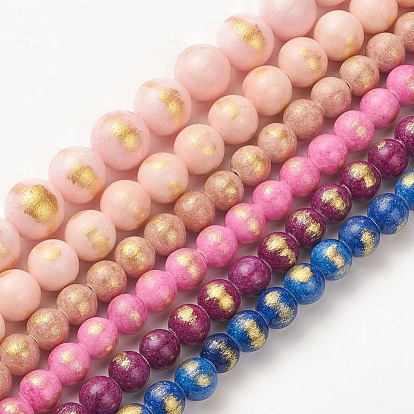 Natural Jade Beads Strands, with Gold Foil, Dyed, Round