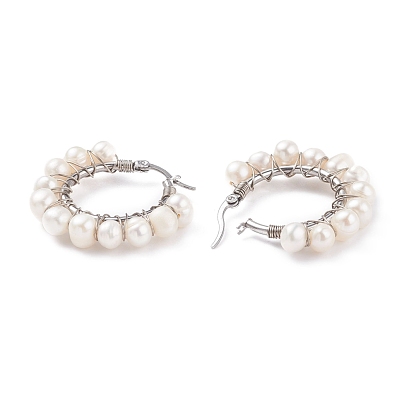 Aros trenzados con perlas naturales, 304 joyería de alambre de acero inoxidable para mujer