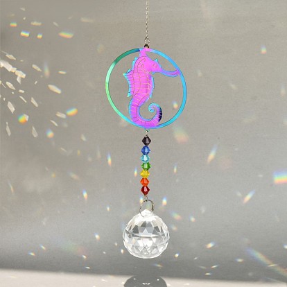 Décoration de pendentif attrape-soleil suspendu en verre, Lustre de plafond en cristal, pendentifs à prisme boule, avec les accessoires en acier inoxydable, motif hippocampe/papillon/lune