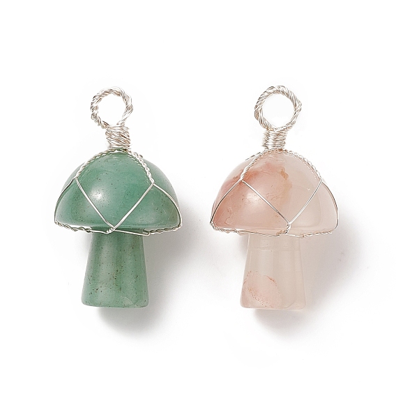 Natural Gemstone Pendants, Silver Plated Copper Wire Wrapped Mushroom Charms