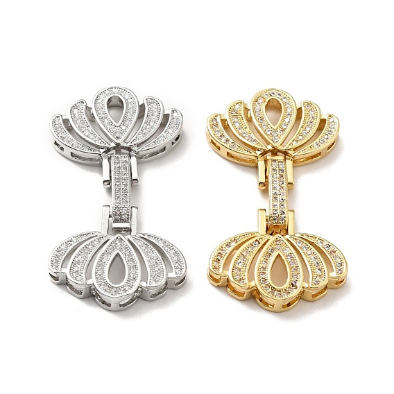 Brass Micro Pave Clear Cubic Zirconia Fold Over Clasps, Cadmium Free & Lead Free, Lotus