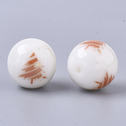Christmas Opaque Glass Beads, Round with Electroplate Christmas Tree Pattern