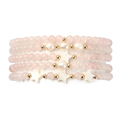5 pcs 5 style naturel et synthétique mélange de pierres précieuses, perles et coquillages, ensemble de bracelets extensibles en perles