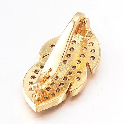 Leaf Brass Micro Pave Cubic Zirconia Enhancer Shortener Bails, Hinged Pendant Bails, with Loop, Nickel Free & Lead Free, 23.5x11x8mm, Hole: 1.2mm