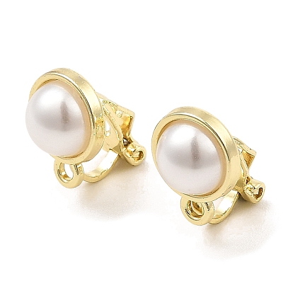 Alloy Clip-on Earring Findings, with Horizontal Loops & Imitation Pearl, for Non-pierced Ears, Half Round