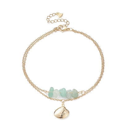 Perles d'aventurine naturelle geen et breloques en coquillages bracelet multi-rangs double couche, bijoux en acier inoxydable pour femmes