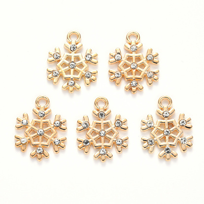 Alloy Pendants, with Crystal Rhinestone, for Christmas, Snowflake, Light Gold