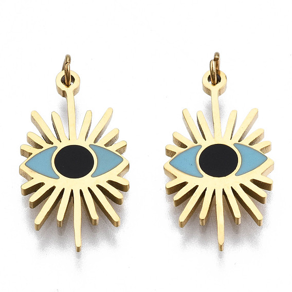 316 Surgical Stainless Steel Enamel Pendants, with Jump Rings, Real 14K Gold Plated, Evil Eye