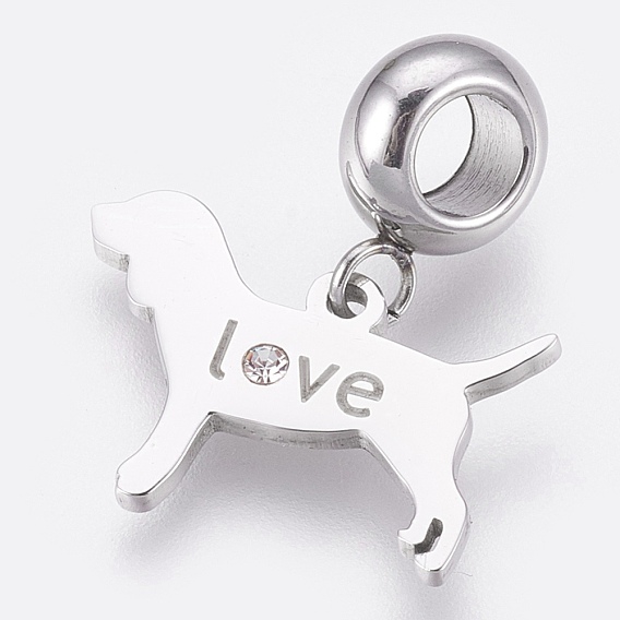 304 Stainless Steel Puppy European Dangle Charms, Large Hole Pendants, with Rhinestone, Dog Silhouette with Word Love