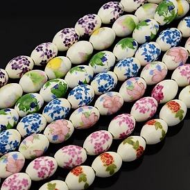 Perles porcelaine fleurs à la main imprimé ovales brins, 16x11mm, Trou: 3mm, Environ 23 pcs/chapelet, 14 pouce