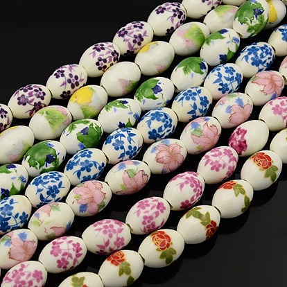 Handmade Flower Printed Porcelain Oval Beads Strands, 16x11mm, Hole: 3mm, about 23pcs/strand, 14 inch