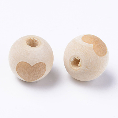 Unfinished Natural Wood European Beads, Large Hole Beads, for DIY Painting Craft, Laser Engraved Pattern, Round with Heart Pattern