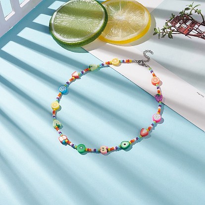 Collier de perles d'argile polymère et de graines de verre orange et raisin et sucette et pomme, bijoux thème fruits pour femme