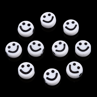 Opaque Craft Acrylic Beads, Flat Round with Smiling Face