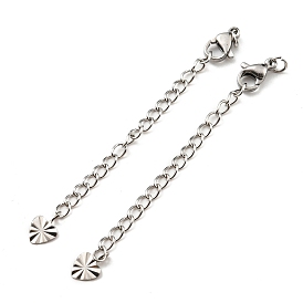 304 Stainless Steel Curb Chain Extender, End Chains with Lobster Claw Clasps and Heart Chain Tabs