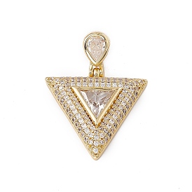 Brass Micro Pave Clear Cubic Zirconia Pendants, Cadmium Free & Nickel Free & Lead Free, Rack Plating, Triangle