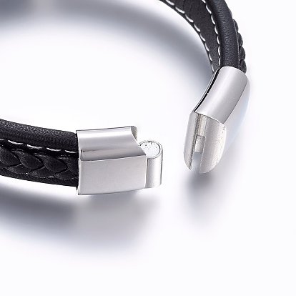  Bracelets de cordon en cuir, 304 fermoir magnétique en acier inoxydable, rectangle
