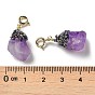 Natural Amethyst Pendant Decorations, with Rhinestone and Rack Plating Brass Spring Ring Clasps, Nuggets