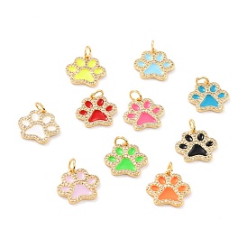 Real 18K Gold Plated Brass Micro Pave Cubic Zirconia Charms, with Jump Ring and Enamel, Long-Lasting Plated, Dog Paw Prints