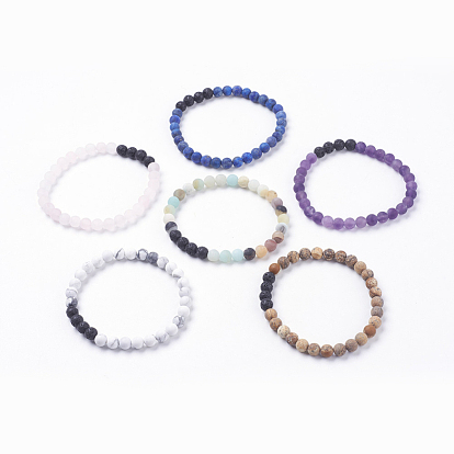 Frosted Natural Gemstone Stretch Bracelets, with Natural Lava Rock Beads