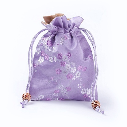 Silk Packing Pouches, Drawstring Bags, with Wood Beads