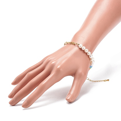 Pulsera de cuentas de arcilla polimérica y perla natural con 304 cadenas de clips de acero inoxidable para mujer
