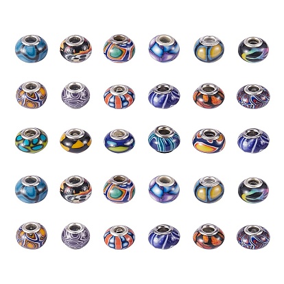 34 piezas 17 colores cuentas europeas de arcilla polimérica hechas a mano, abalorios de grande agujero, Rondana plana