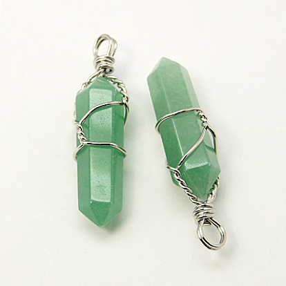 Brass Wire Wrapped Gemstone Double Terminated Pointed Pendants, Faceted, Bullet, Platinum Metal Color