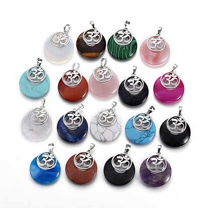 Gemstone Pendants, with Platinum Tone Brass Findings, Flat Round with Ohm