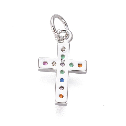 Breloques minuscules croix en laiton micro pavé zircone cubique, avec des anneaux de saut, colorées