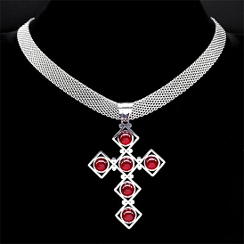 304 Stainless Steel Glass Cross Pendant Necklaces, Mesh Chains Choker Necklaces for Women