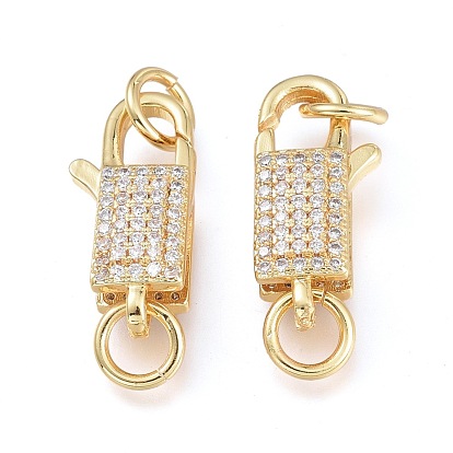 Brass Micro Pave Clear Cubic Zirconia Lobster Claw Clasp, with Jump Rings, Long-Lasting Plated