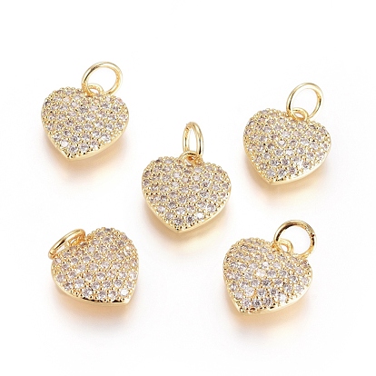 Brass Micro Pave Cubic Zirconia Pendants, with Jump Ring, Long-Lasting Plated, Heart, Real 18K Gold Plated