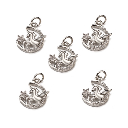 Brass Micro Pave Cubic Zirconia Pendants, with Jump Ring, Moon with Unicorn Charm