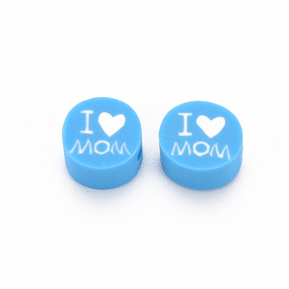 Handmade Polymer Clay Beads, Mother's Day Theme, Flat Round with Word I Love MOM